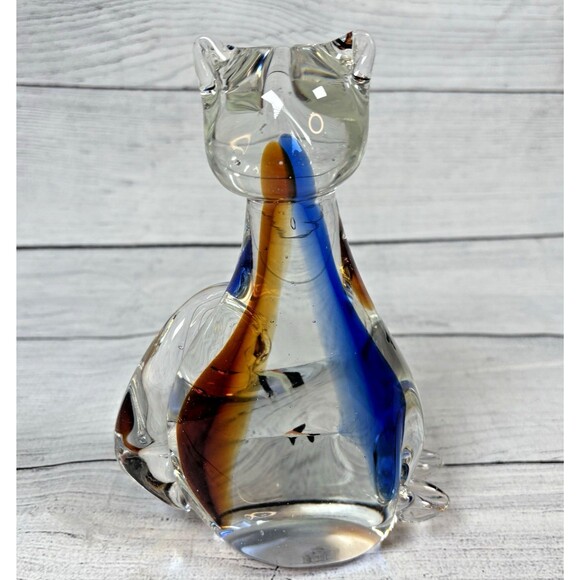 Murano Handblown Art Glass Clear Blue Amber 8" Cat Fish in Belly Figurine Decor - Picture 3 of 7